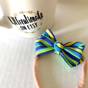 5/$25 Blue and Green Striped Bow Nylon Headband